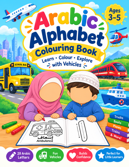Arabic Adventures: Vehicles – Arabic Alphabet Colouring Book (Ages 3–5)